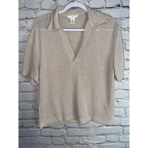 H&M KNIT TOP WITH COLLAR WOMEN’S MEDIUM CREAM/TAN/BEIGE - Picture 3 of 9